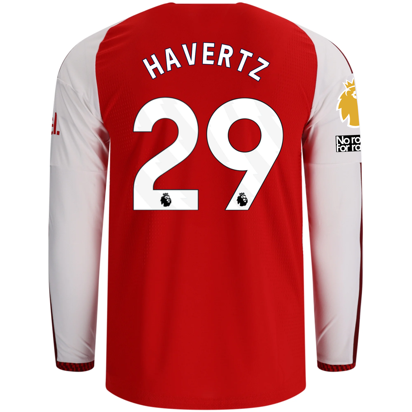 adidas Mens Arsenal Authentic Kai Havertz Long Sleeve Home Jersey w/ EPL + No Room for Racism Patches 26/27 (Better Scarlet)