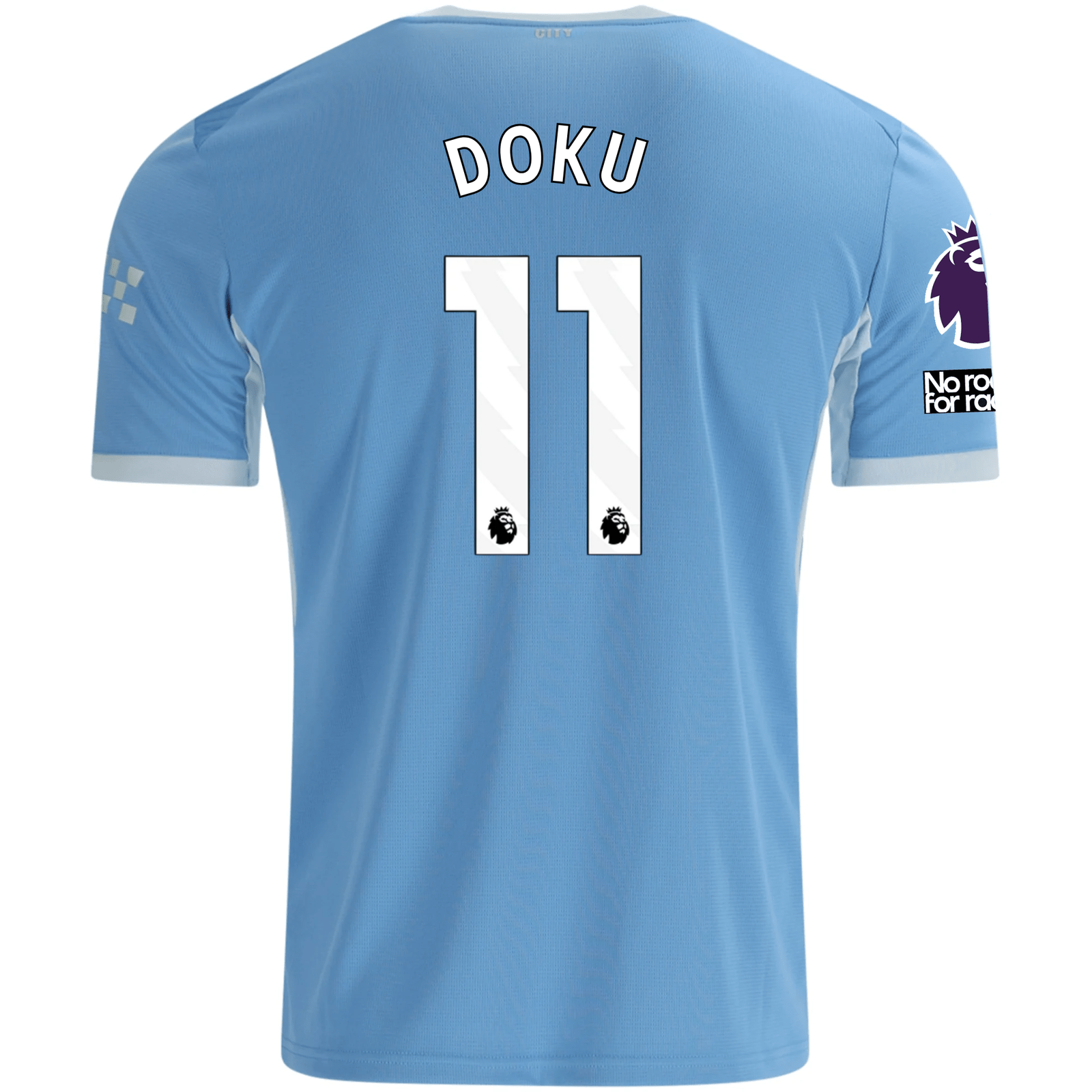 Puma Mens Manchester City Jérémy Doku Home Jersey EPL + No Room For Racism Patches 26/27 (Team Light Blue/Icey Blue)