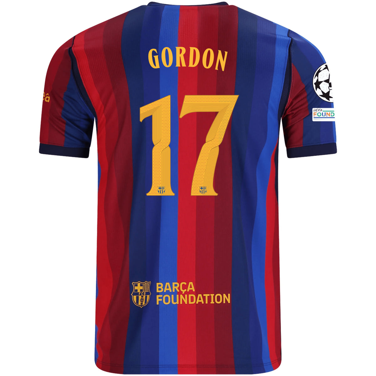 Nike Mens FC Barcelona Anthony Gordon Home Jersey w/ Champions League Patches 26/27 (Deep Garnet/Blue Void)