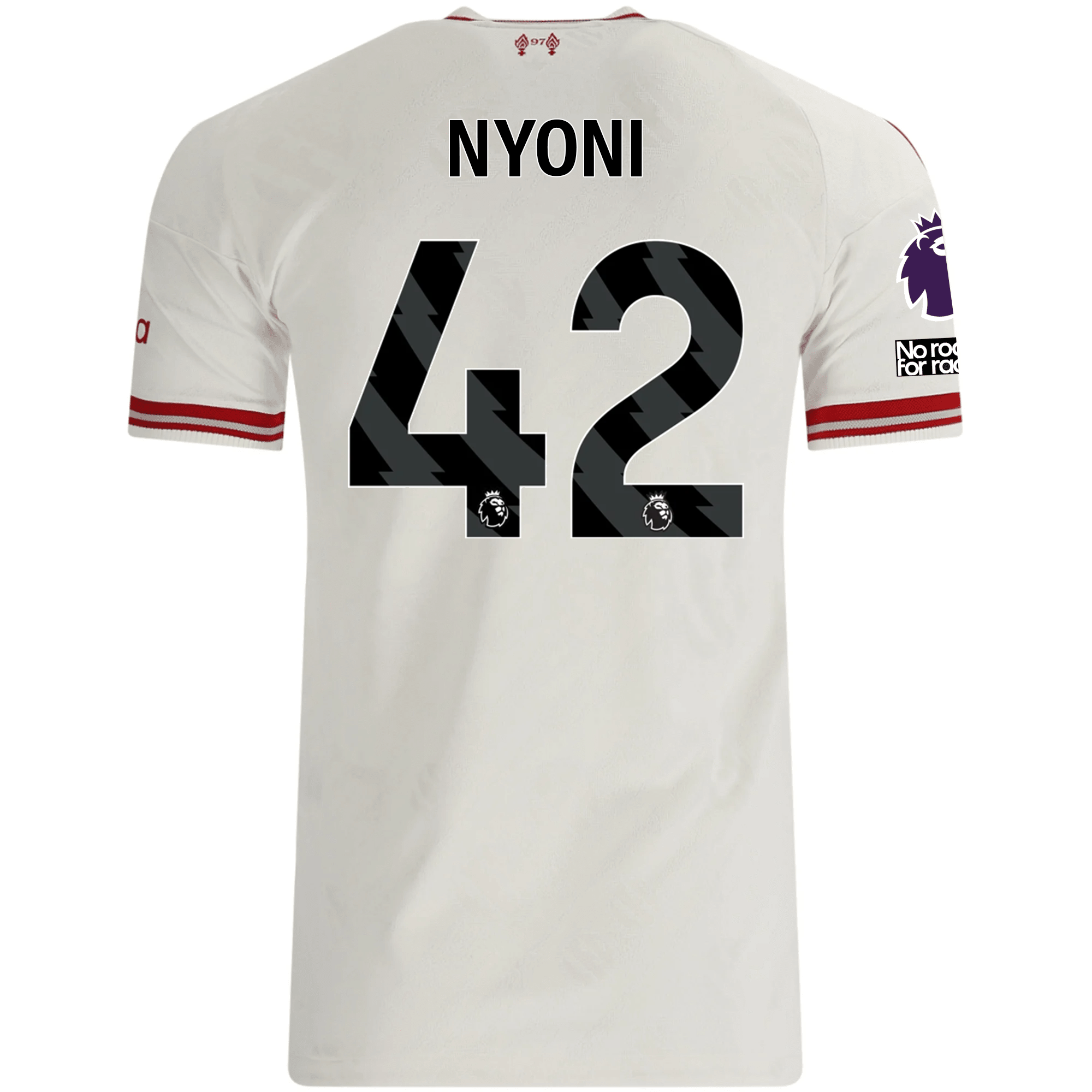 adidas Mens Liverpool Trey Nyoni Authentic Away Jersey w/ EPL + No Room For Racsim Patches 26/27 (White)