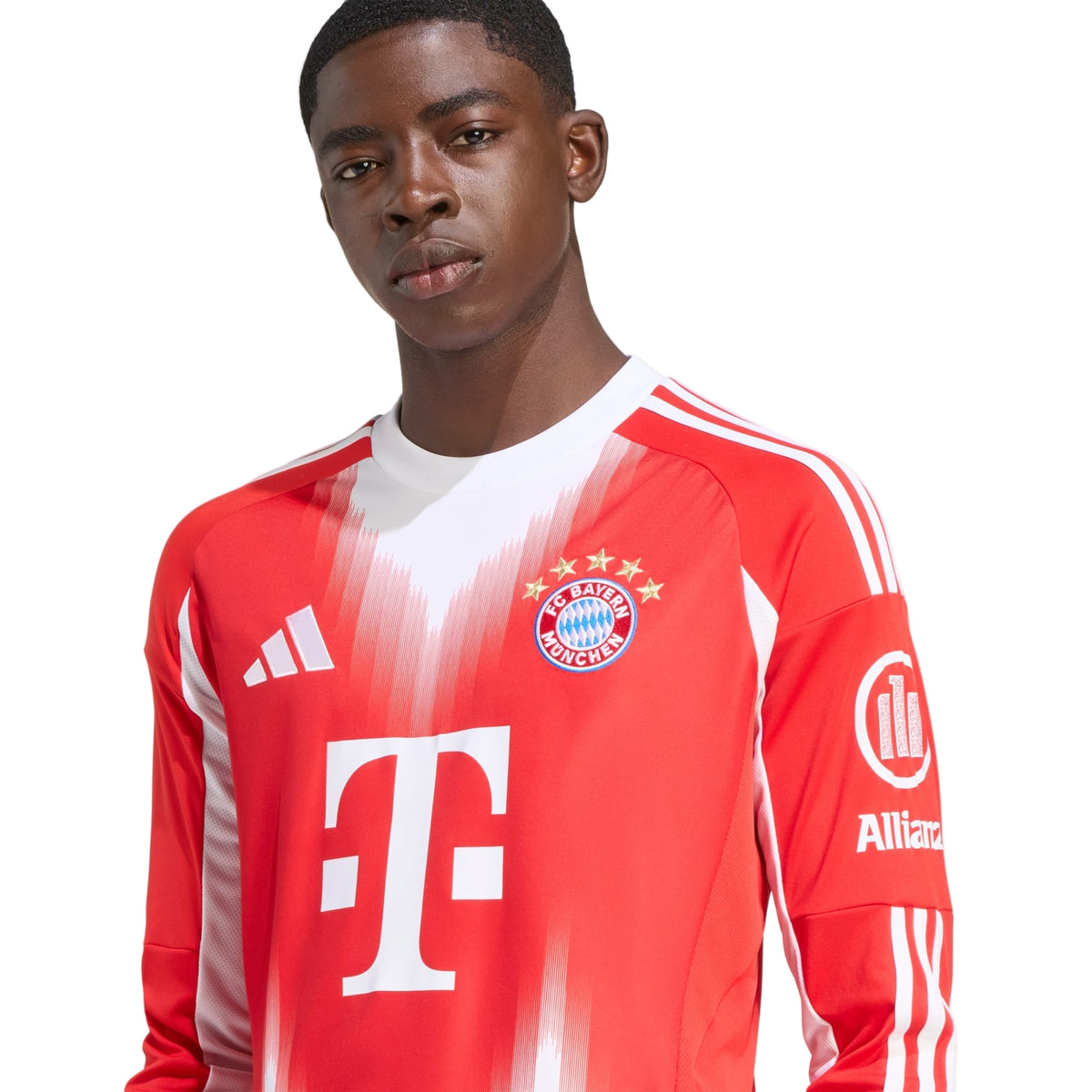 adidas Alphonso Davies Men's Bayern Munich Long Sleeve Home Jersey 25/26 w/ Bundesliga Champions Patch (Red/White) | SoccerWearhouse