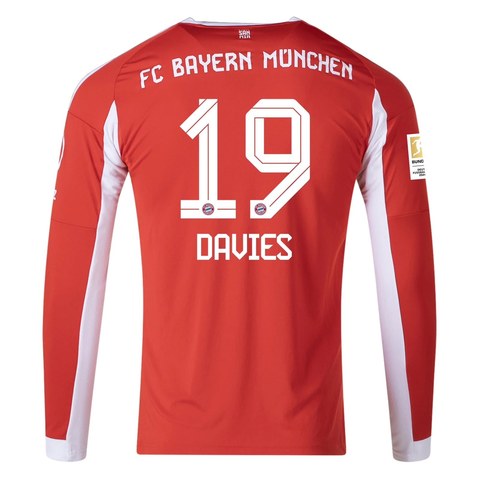 adidas Alphonso Davies Men's Bayern Munich Long Sleeve Home Jersey 25/26 w/ Bundesliga Champions Patch (Red/White) | SoccerWearhouse