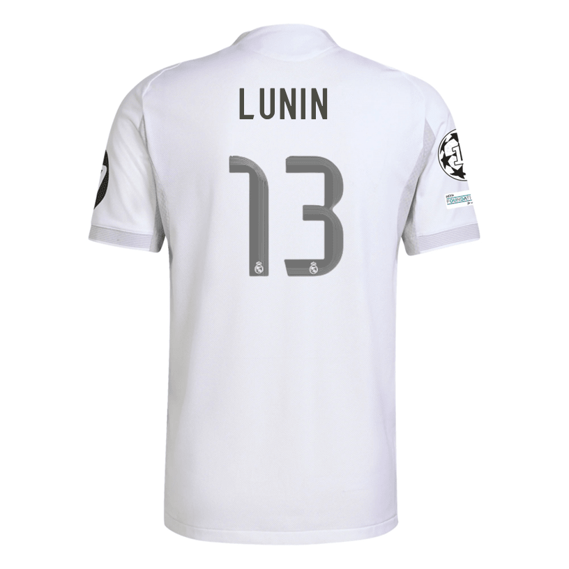 adidas Andriy Lunin Real Madrid 25/26 Home Jersey w/ Champions League Patches (White) | SoccerWearhouse