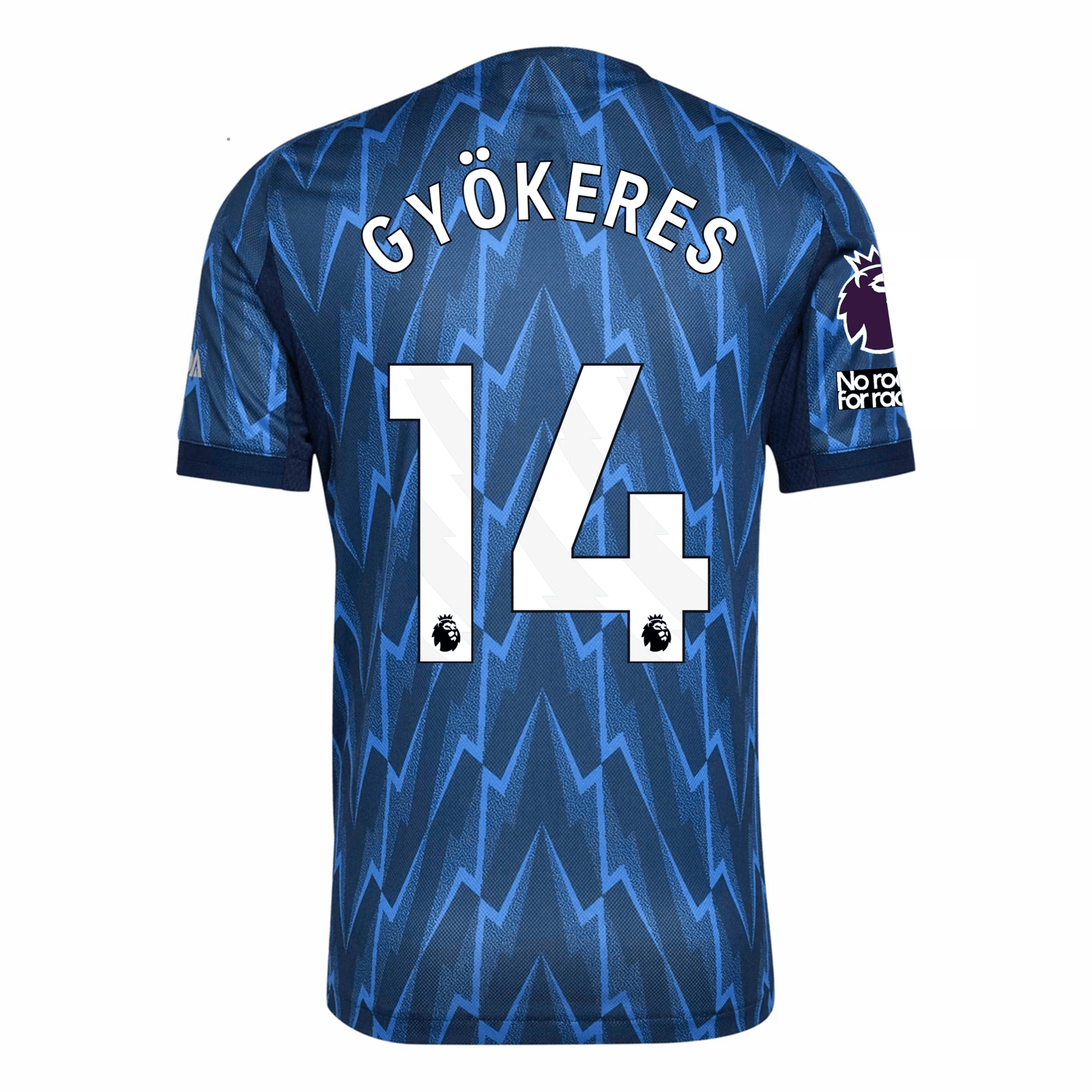 adidas Arsenal Authentic Viktor Gyökeres Away Jersey w/ EPL + No Room For Racism 25/26 (Indigo/Silver) | SoccerWearhouse