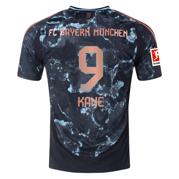 adidas Bayern Munich Harry Kane Away Jersey w/ Bundesliga Patch 24/25 (Black/Copper/Blue) | SoccerWearhouse