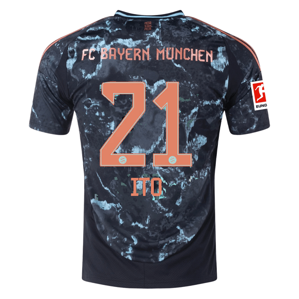adidas Bayern Munich Hiroki Ito Away Jersey w/ Bundesliga Patch 24/25 (Black/Copper/Blue) | SoccerWearhouse