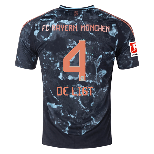 adidas Bayern Munich Matthijs de Ligt Away Jersey w/ Bundesliga Patch 24/25 (Black/Copper/Blue) | SoccerWearhouse