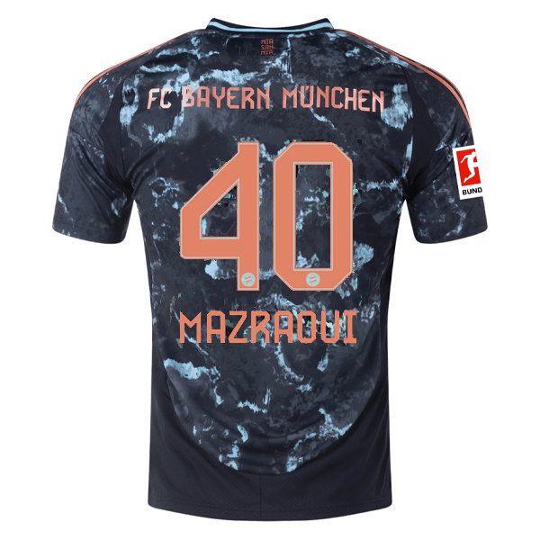 adidas Bayern Munich Noussair Mazraoui Away Jersey w/ Bundesliga Patch 24/25 (Black/Copper/Blue) | SoccerWearhouse