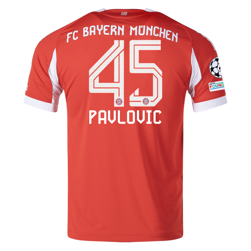 adidas Bayern Munich Pavlovic Home Jersey w/ Champions League Patches 25/26 (Red) | SoccerWearhouse