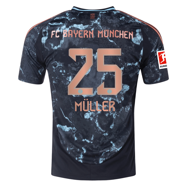 adidas Bayern Munich Thomas Mueller Away Jersey w/ Bundesliga Patch 24/25 (Black/Copper/Blue) | SoccerWearhouse