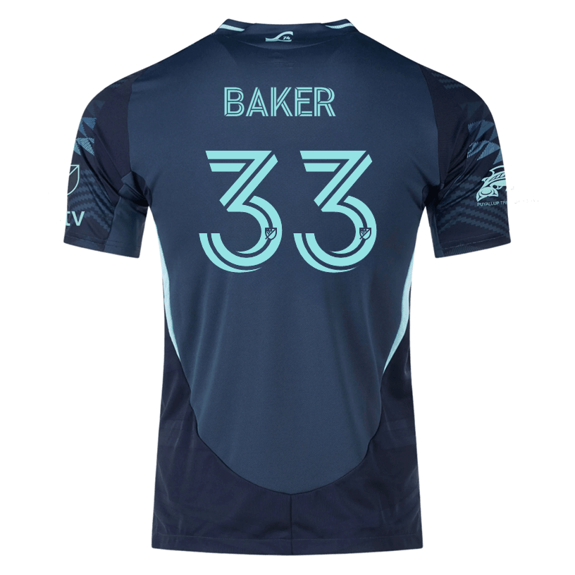 adidas C. Baker Seattle Sounders Authentic Away Jersey 25/26 w/ MLS Patches &amp; Sponsor (Aura Ink) | SoccerWearhouse