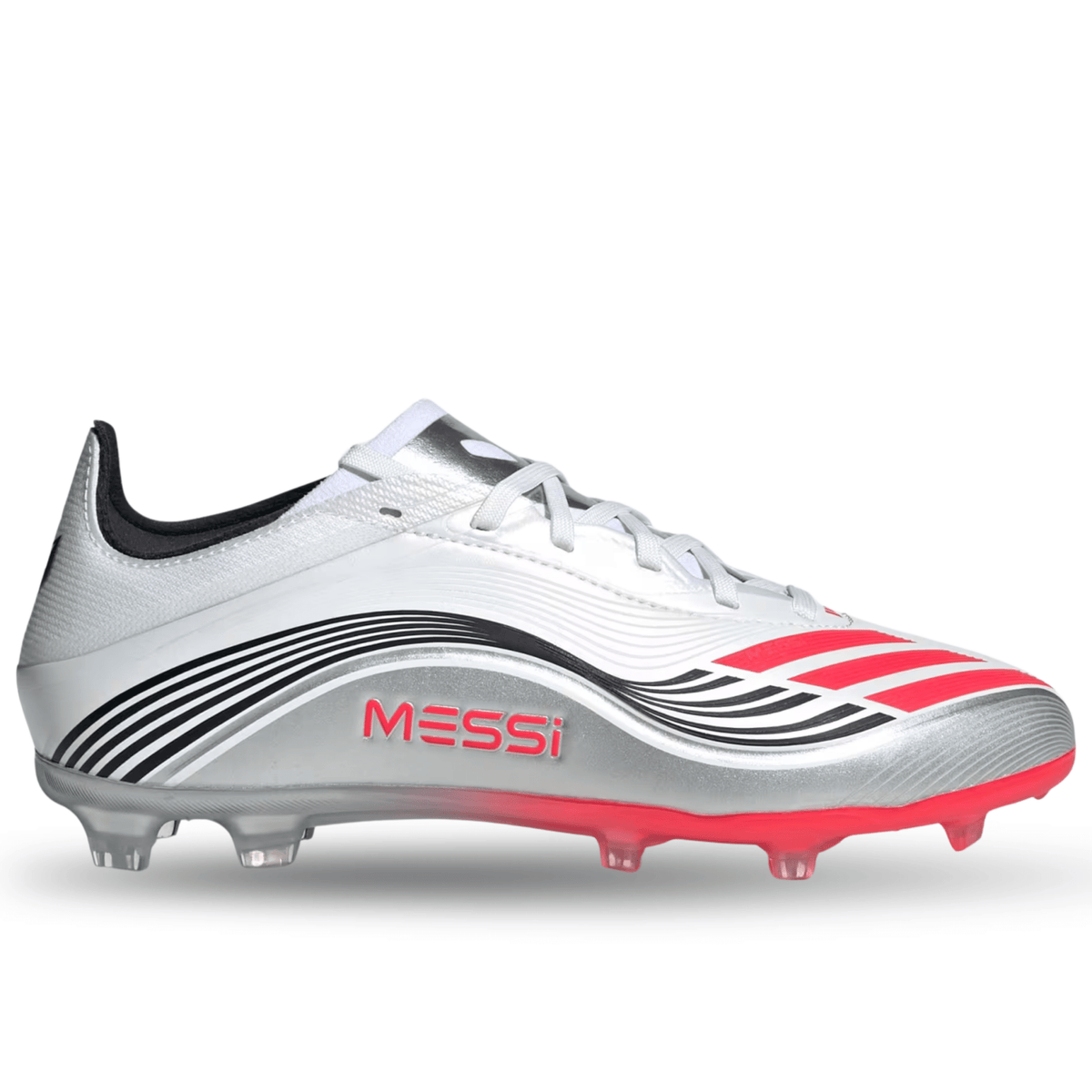 adidas F50 Messi Elite Firm Ground Junior Cleats (White/Lucid Red/Silver Metallic) | SoccerWearhouse