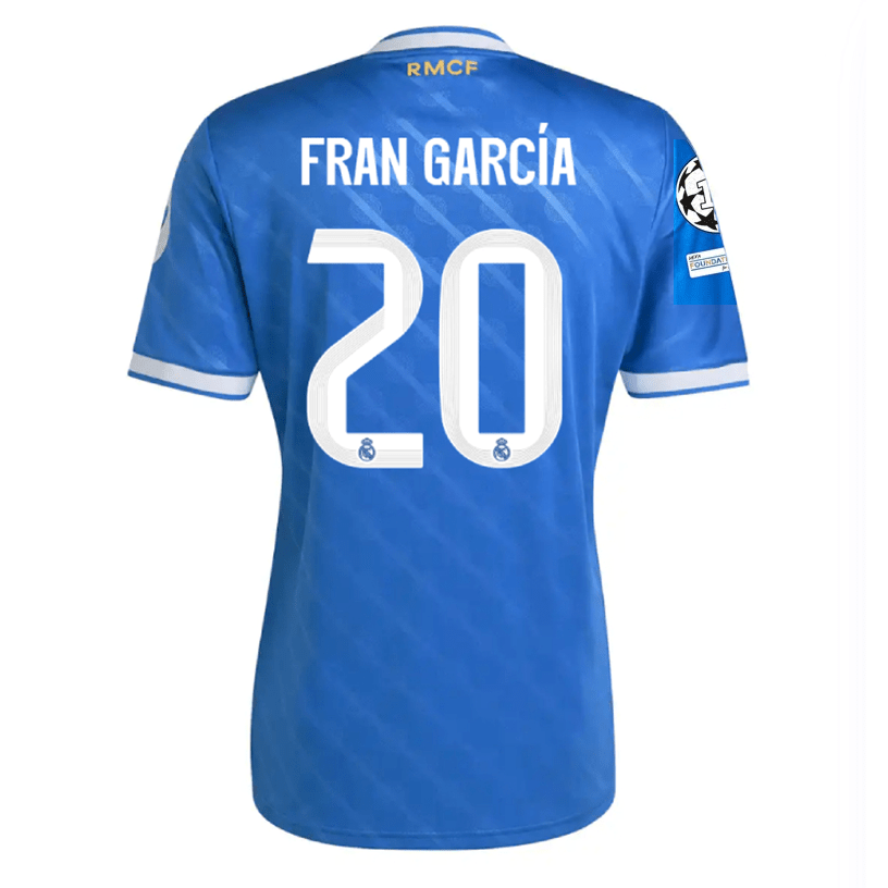 adidas Fran Garcia Men's Real Madrid Third Jersey 25/26 w/ Champions League Patches (Blue/White) | SoccerWearhouse