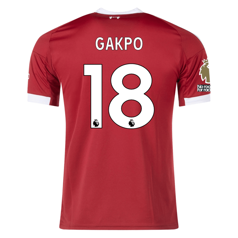 adidas Gakpo Men's Liverpool Home Jersey 25/26 w/ NRFR + EPL Champions Patch (Strawberry Red) | SoccerWearhouse
