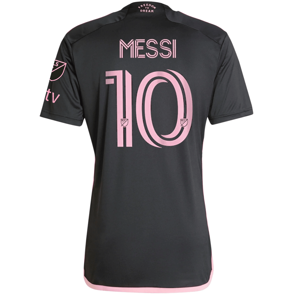 adidas Inter Miami Lionel Messi Royal Caribbean Away Jersey w/ MLS + Apple TV Patches 23/24 (Black/Bliss Pink) | SoccerWearhouse