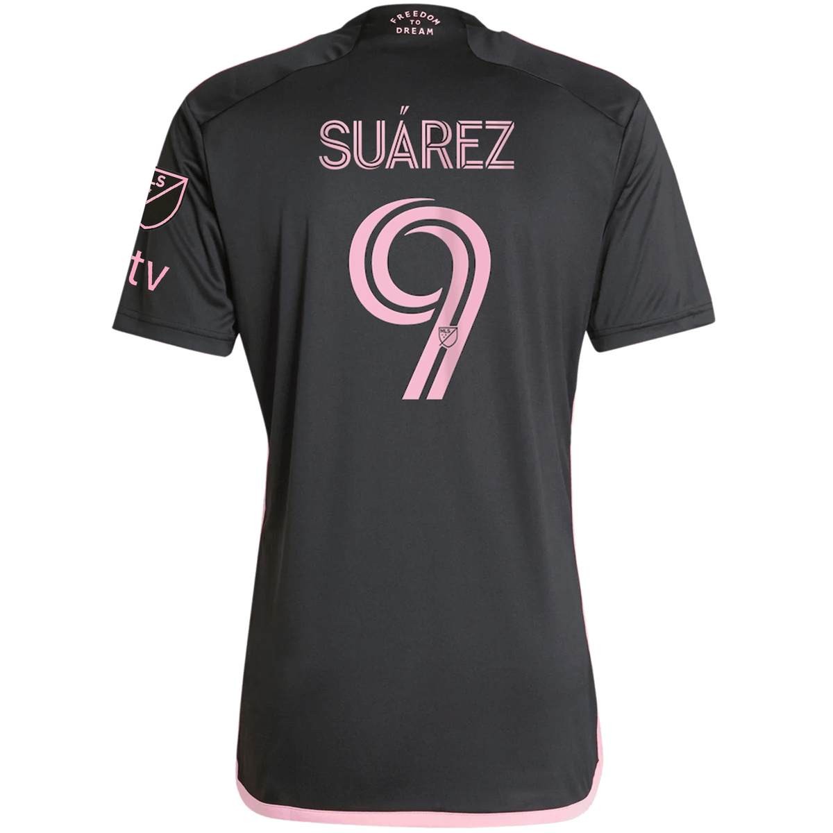 adidas Inter Miami Luis Suarez Royal Caribbean Away Jersey w/ MLS + Apple TV Patches 23/24 (Black/Bliss Pink) | SoccerWearhouse