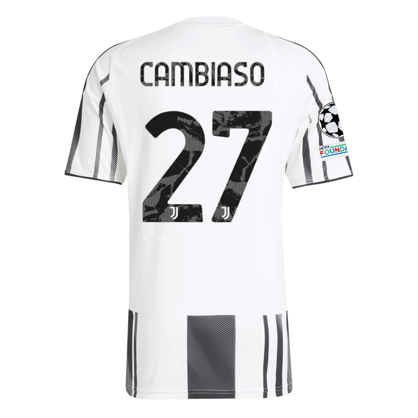 adidas Juventus Cambiaso Home Jersey w/ Champions League Patches 25/26 (White/Black/Pink) | SoccerWearhouse
