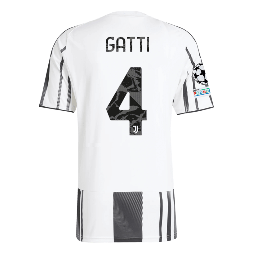 adidas Juventus Gatti Home Jersey w/ Champions League Patches 25/26 (White/Black/Pink) | SoccerWearhouse