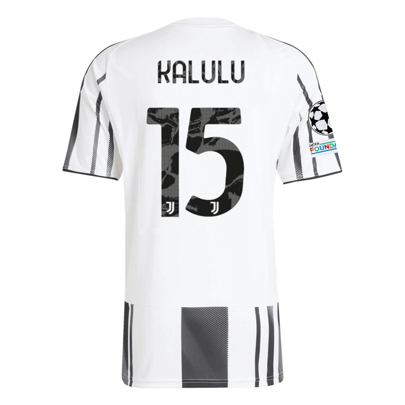 adidas Juventus Kalulu Home Jersey w/ Champions League Patches 25/26 (White/Black/Pink) | SoccerWearhouse