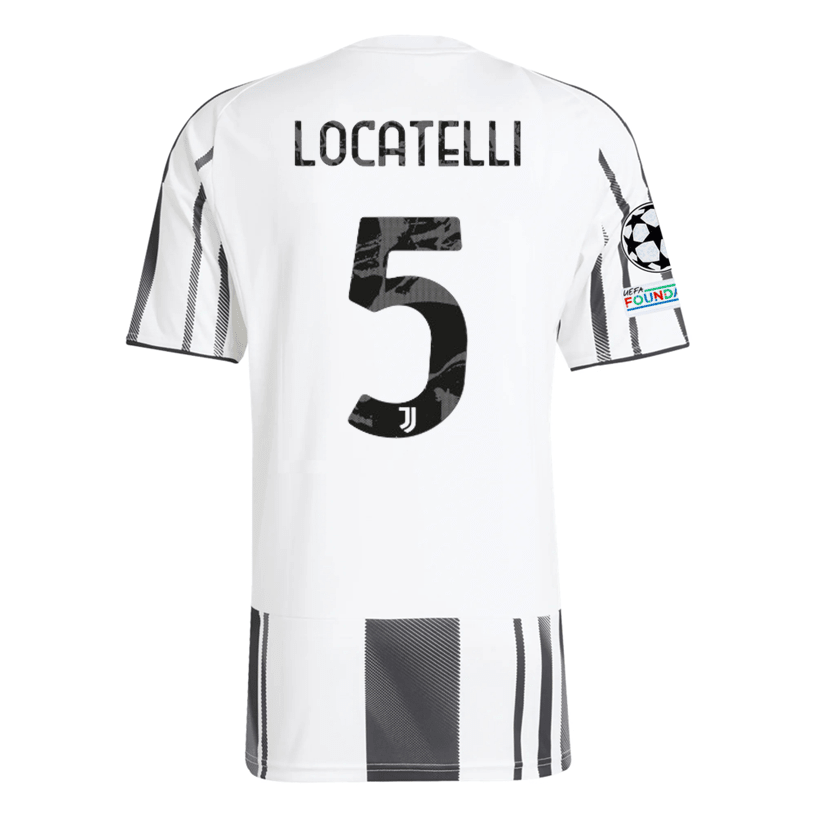 adidas Juventus Locatelli Home Jersey w/ Champions League Patches 25/26 (White/Black/Pink) | SoccerWearhouse