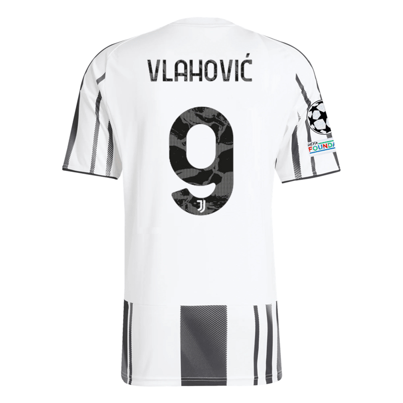 adidas Juventus Vlahovic Home Jersey w/ Champions League Patches 25/26 (White/Black/Pink) | SoccerWearhouse