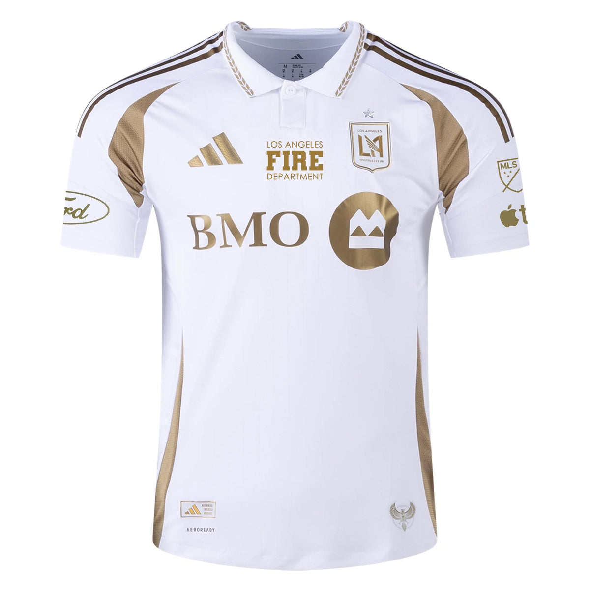 adidas LAFC Authentic Away Jersey w/ MLS + Apple + Ford &amp; LAFD Logo 25/26 (White/Gold) | SoccerWearhouse