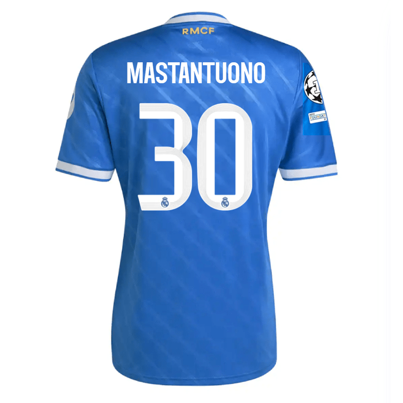 adidas Mastantuono Men's Real Madrid Third Jersey 25/26 w/ Champions League Patches (Blue/White) | SoccerWearhouse