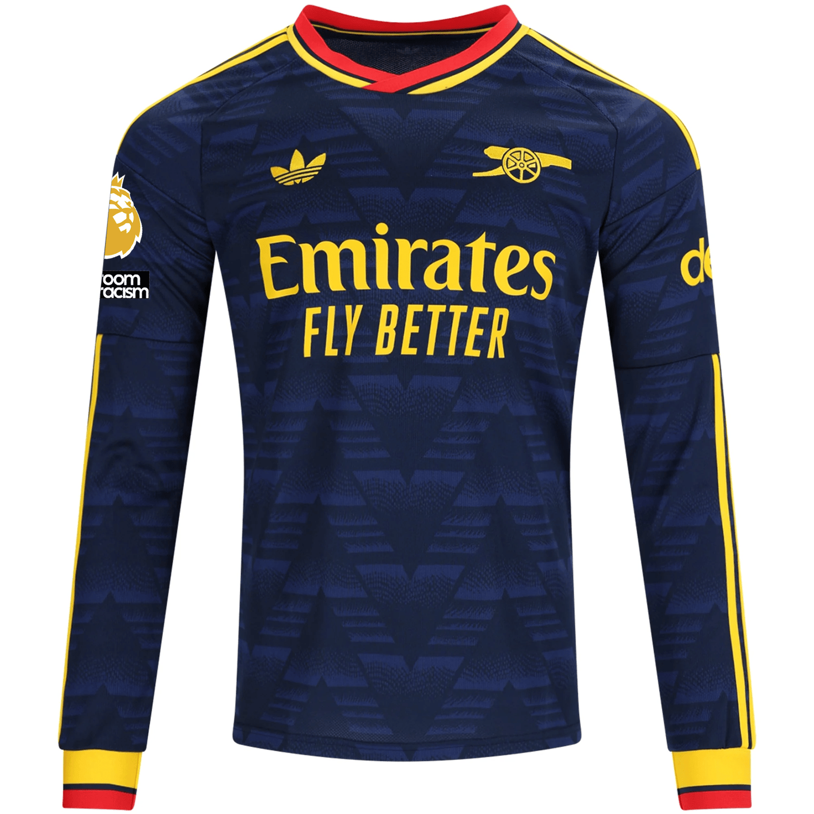 adidas Mens Arsenal Declan Rice Long Sleeve Away Jersey w/ EPL + No Room For Racism Patches 26/27 (Navy/Yelllow) | SoccerWearhouse