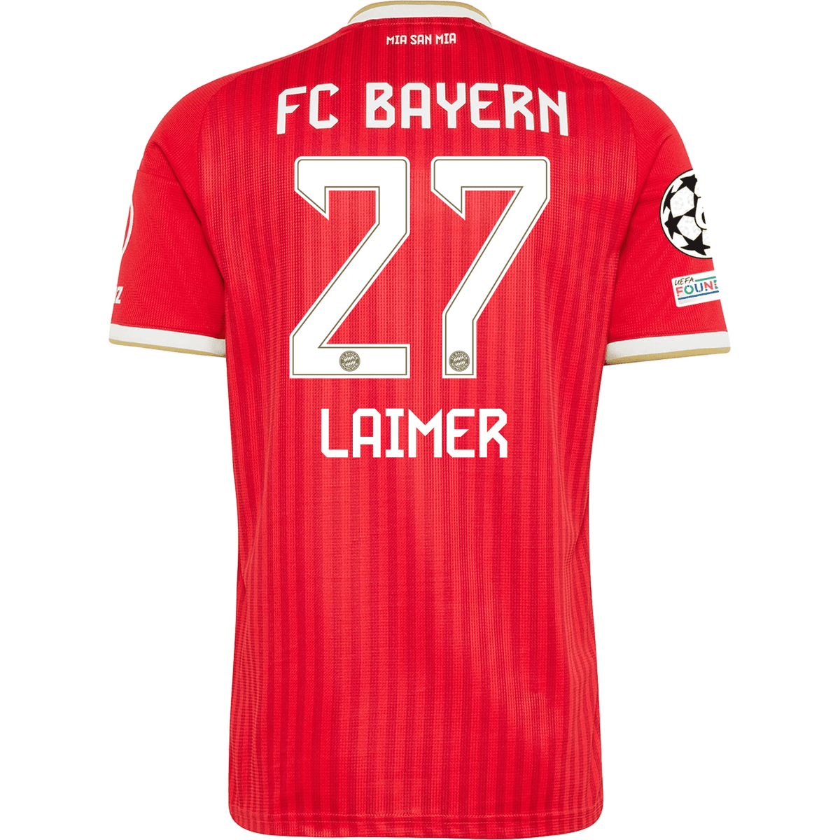 adidas Mens Bayern Munich Konrad Laimer Home Jersey w/ Champions League Patches 26/27 (Red) | SoccerWearhouse