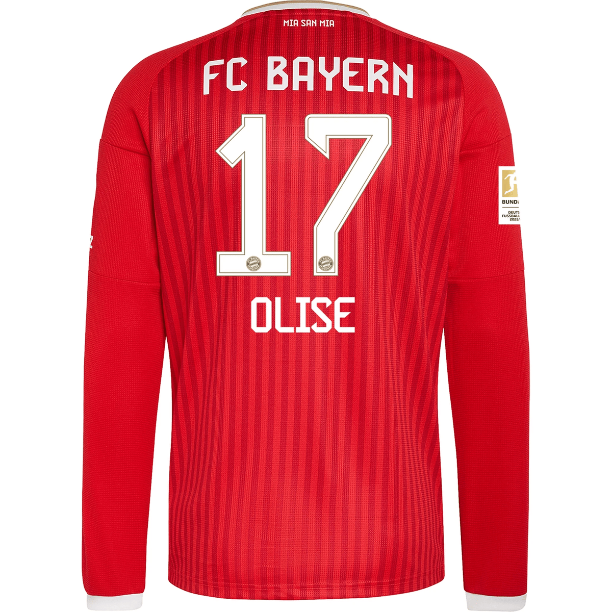 adidas Mens Bayern Munich Michael Olise Long Sleeve Home Jersey w/ Bundesliga Champion Patch 26/27 (Red) | SoccerWearhouse