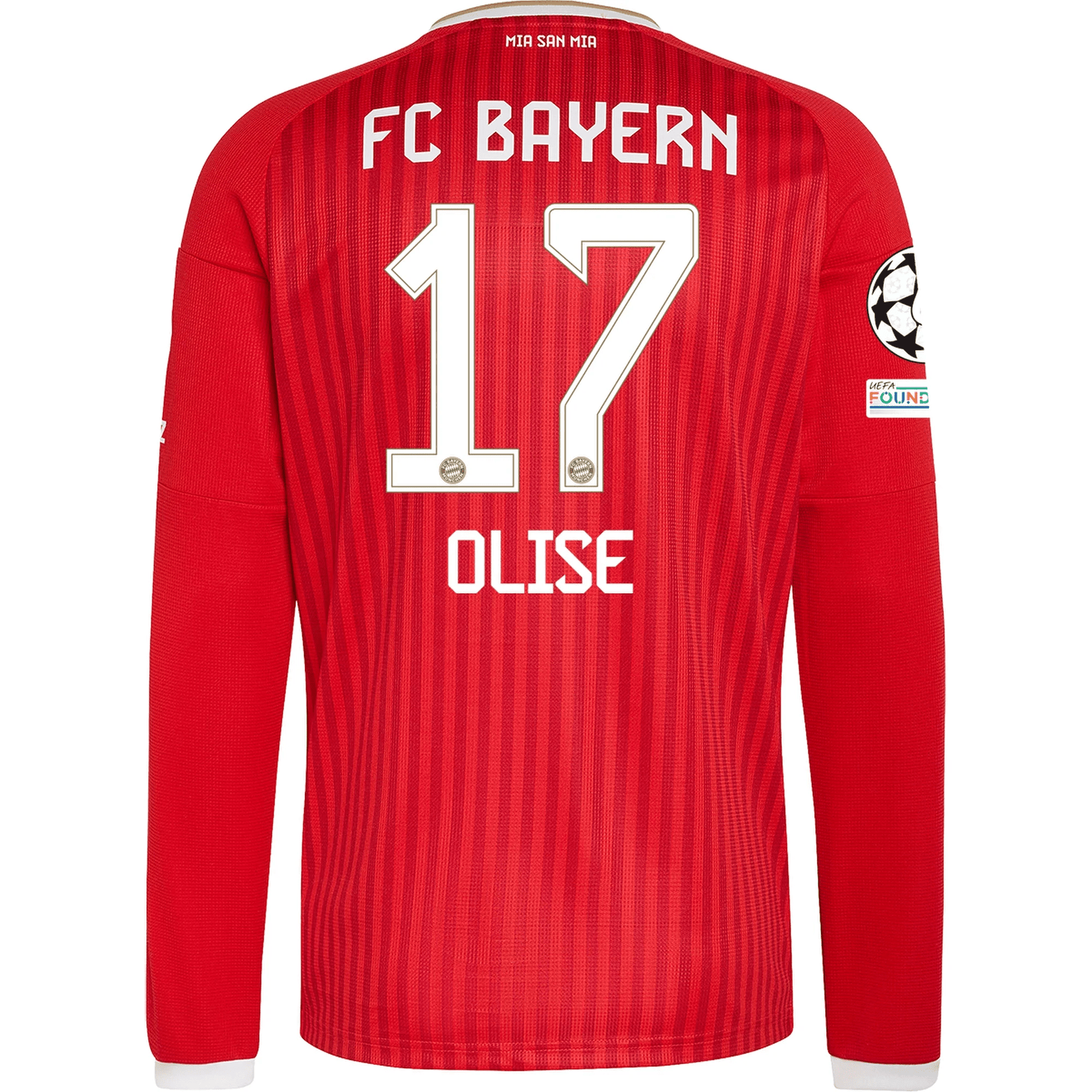 adidas Mens Bayern Munich Michael Olise Long Sleeve Home Jersey w/ Champions League Patches 26/27 (Red) | SoccerWearhouse
