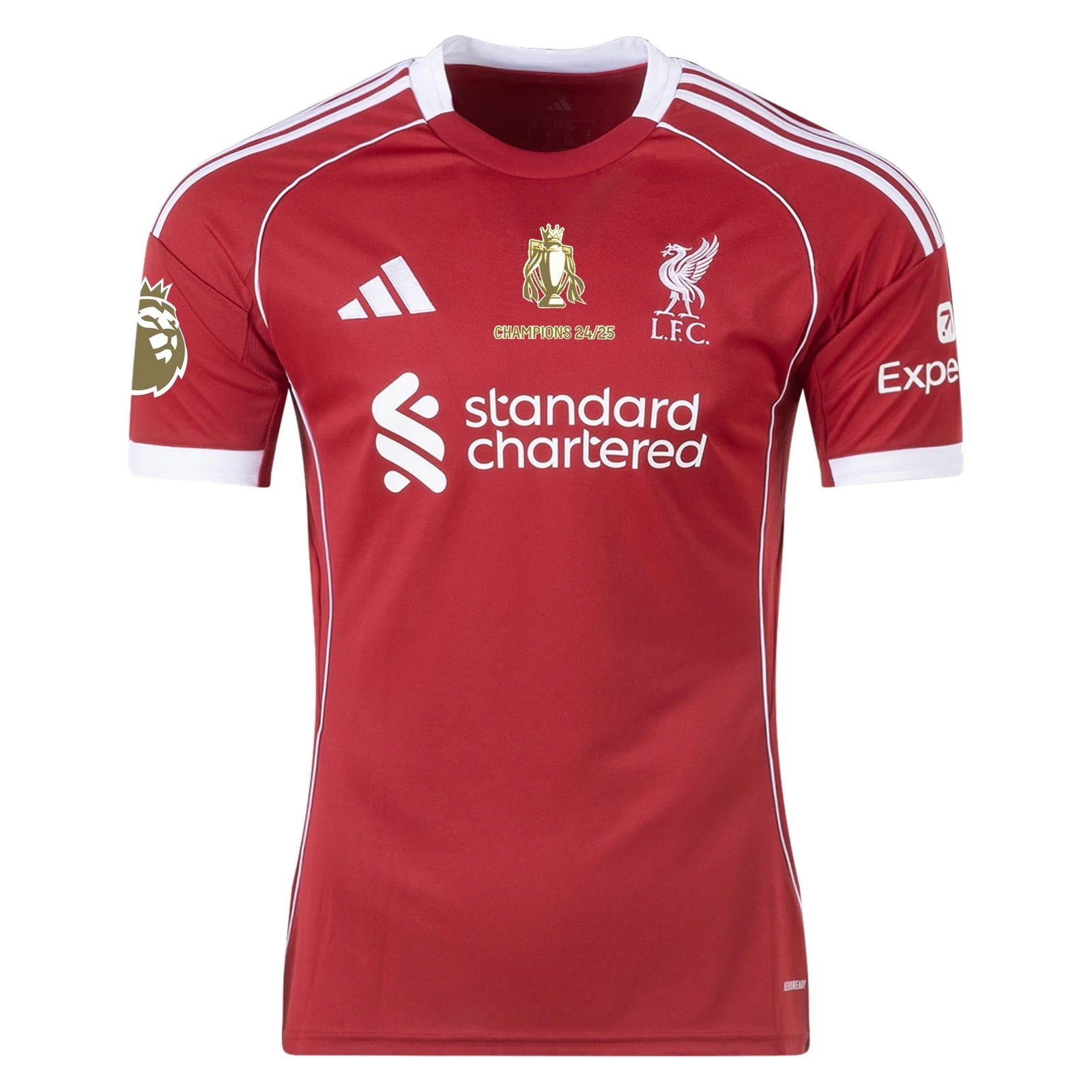 adidas Men's Liverpool Home Jersey 25/26 w/ Gold Trophy Print + NRFR + EPL Patches (Strawberry Red) | SoccerWearhouse