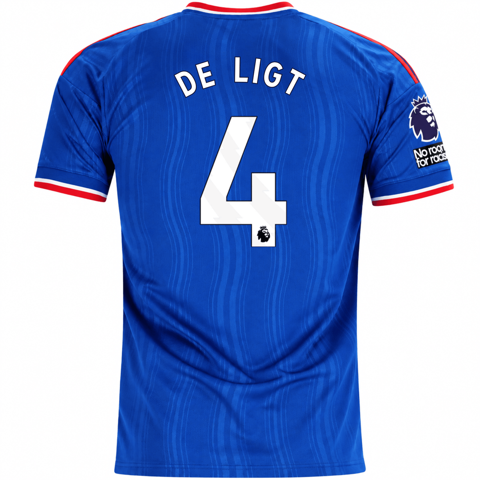 adidas Mens Manchester United Matthijs de Ligt Away Jersey w/ EPL + No Room For Racism Patches 26/27 (Blue) | SoccerWearhouse