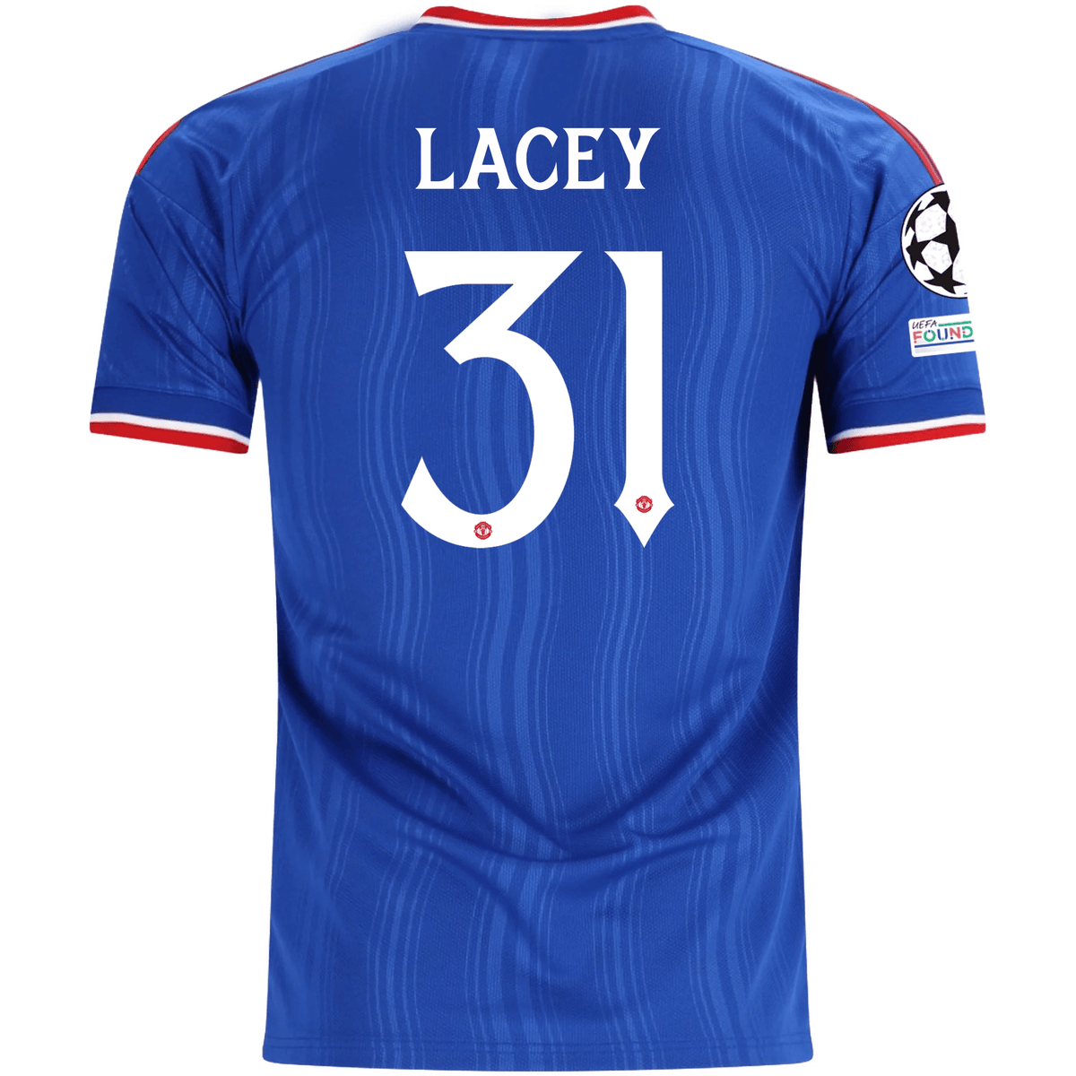 adidas Mens Manchester United Shea Lacey Away Jersey w/ Champions League Patches 26/27 (Blue) | SoccerWearhouse