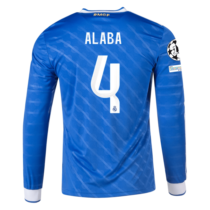 adidas Men's Real Madrid Alaba Long Sleeve Third Jersey w/ Champions League Patches 25/26 (Blue/White) | SoccerWearhouse