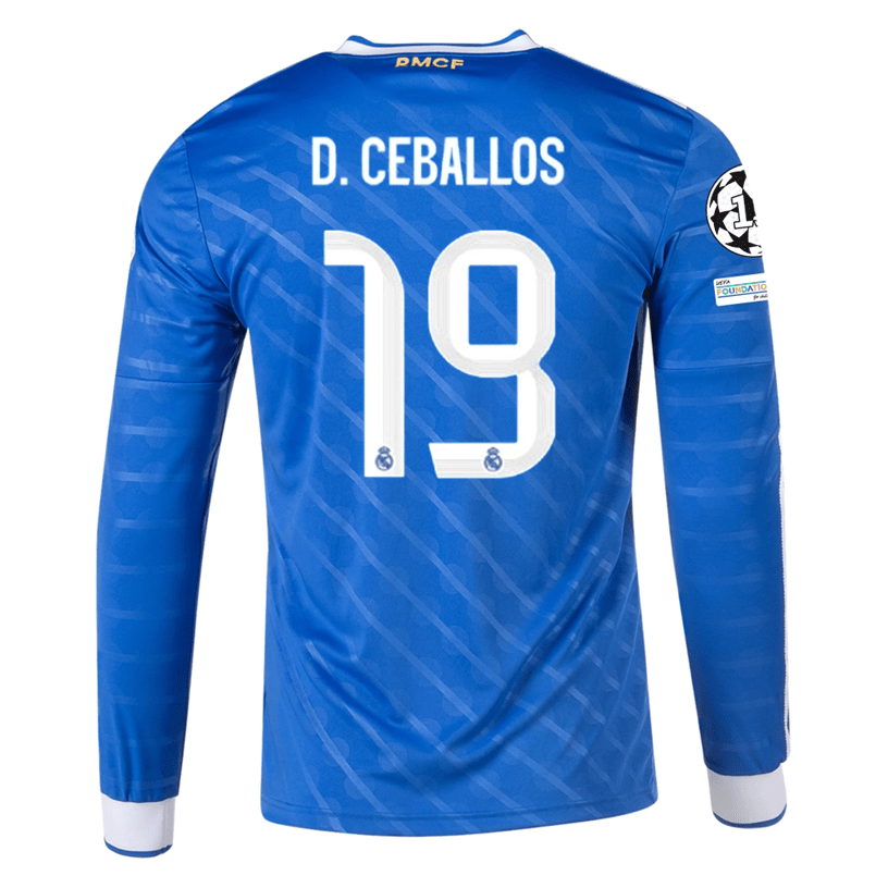adidas Men's Real Madrid D. Ceballos Long Sleeve Third Jersey w/ Champions League Patches 25/26 (Blue/White) | SoccerWearhouse
