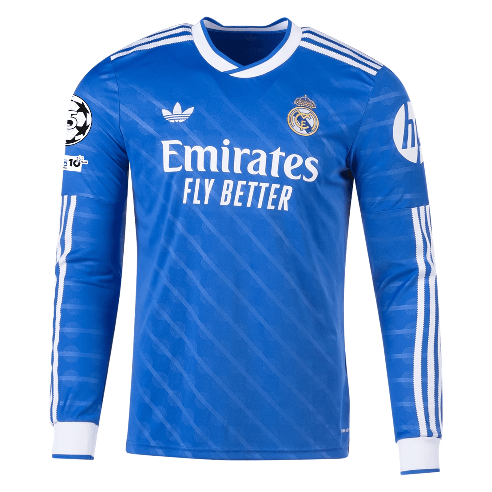 adidas Men's Real Madrid Huijsen Long Sleeve Third Jersey w/ Champions League Patches 25/26 (Blue/White) | SoccerWearhouse