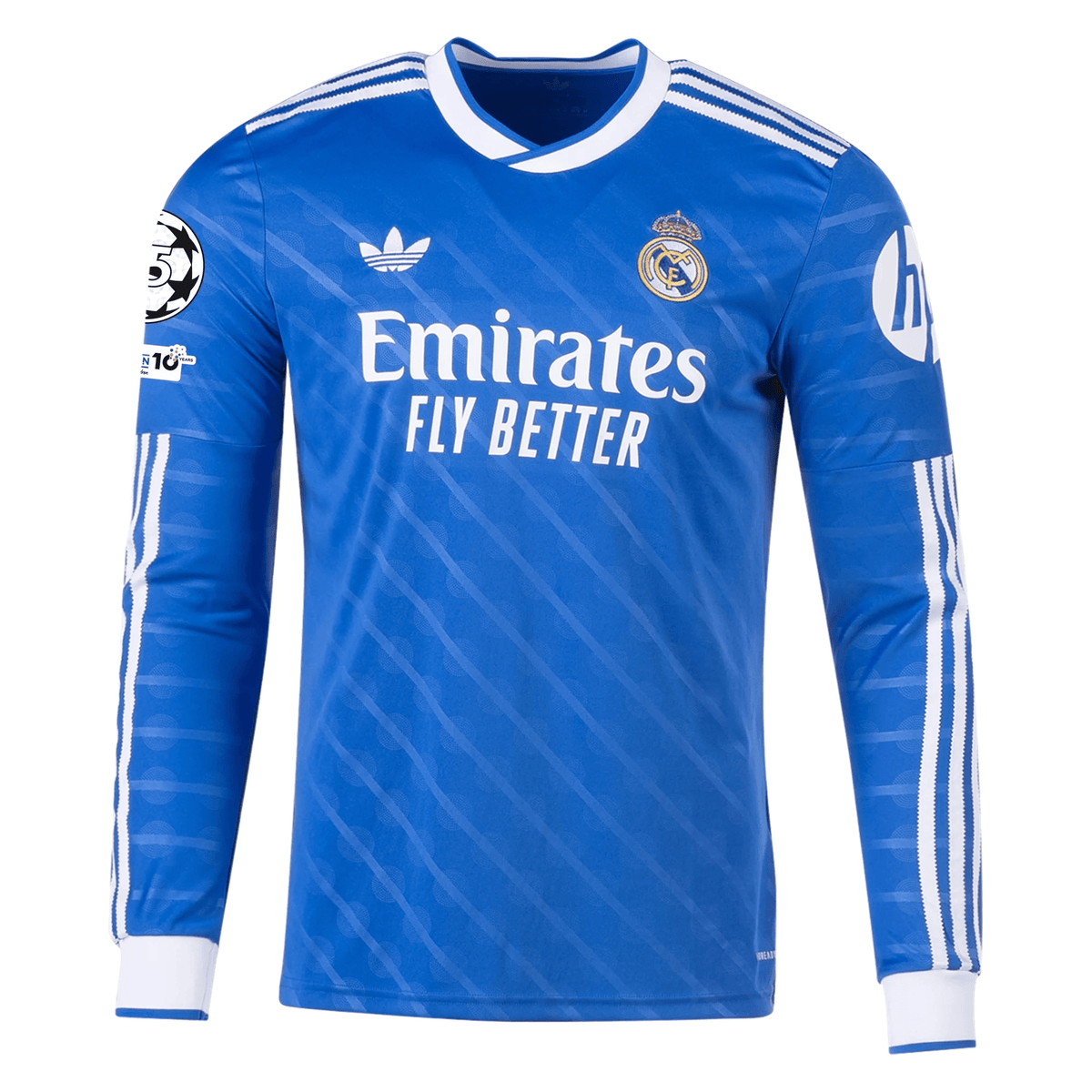 adidas Men's Real Madrid Huijsen Long Sleeve Third Jersey w/ Champions League Patches 25/26 (Blue/White) | SoccerWearhouse
