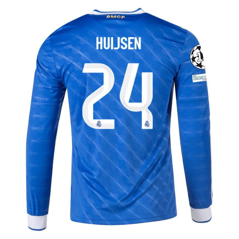 adidas Men's Real Madrid Huijsen Long Sleeve Third Jersey w/ Champions League Patches 25/26 (Blue/White) | SoccerWearhouse