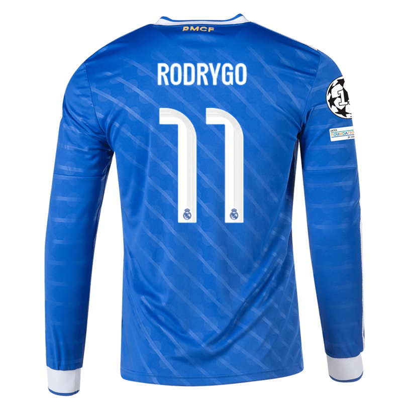 adidas Men's Real Madrid Rodrygo Long Sleeve Third Jersey w/ Champions League Patches 25/26 (Blue/White) | SoccerWearhouse