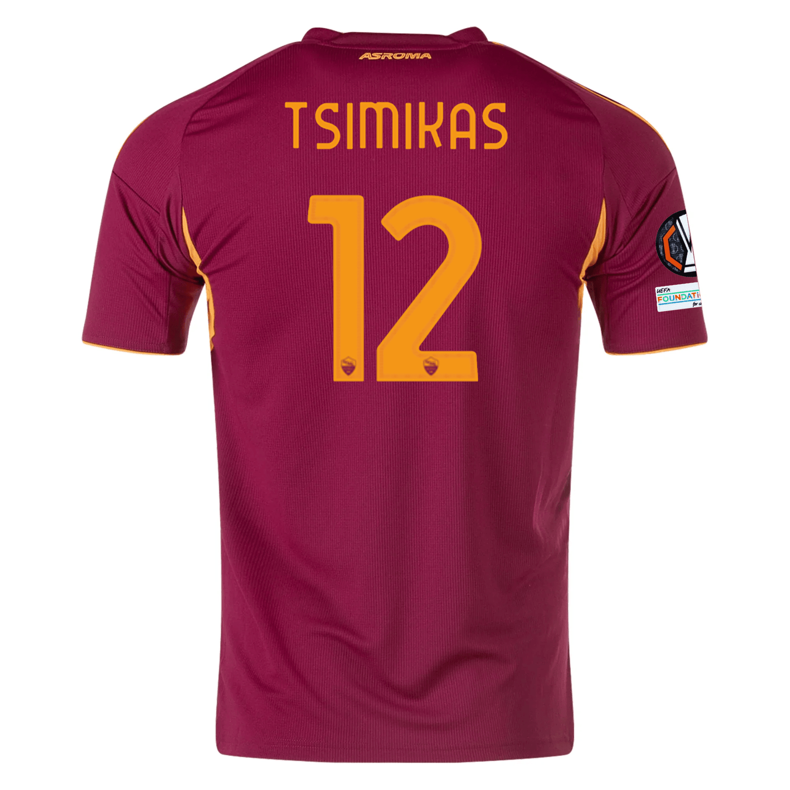 adidas Men's Roma Konstantinos Tsimikas Home Jersey w/ Europa League Patches 25/26 (Burgundy) | SoccerWearhouse