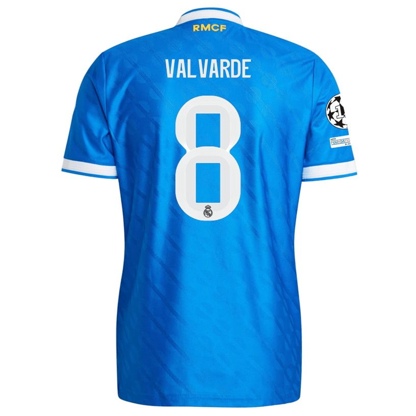 adidas Men's Valvarde Real Madrid 25/26 Authentic Third Jersey w/ Champions League Patches (Blue) | SoccerWearhouse