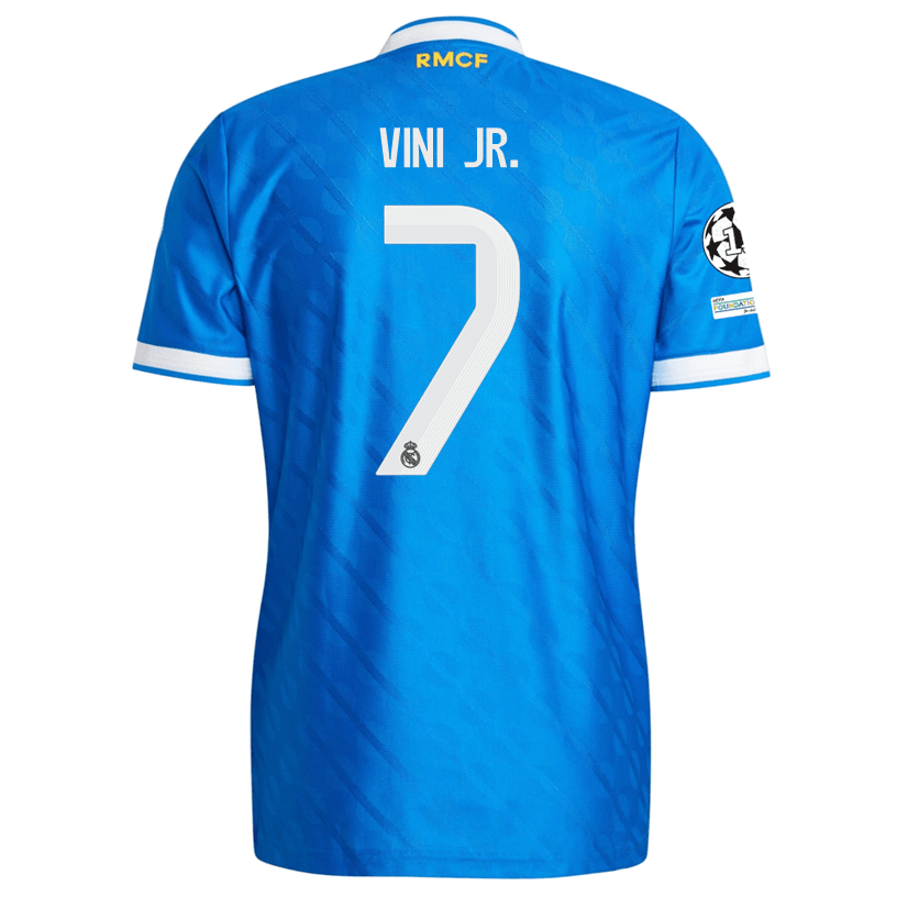 adidas Men's Vini Jr Real Madrid 25/26 Authentic Third Jersey w/ Champions League Patches (Blue) | SoccerWearhouse