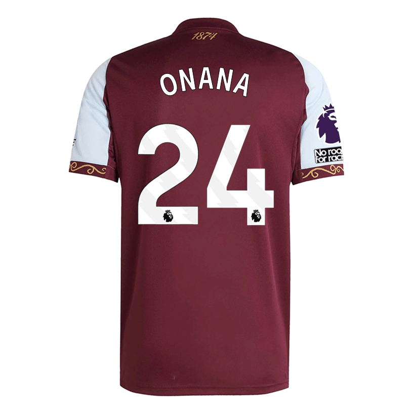 adidas Onana Men's Aston Villa Home Jersey 25/26 w/ NRFR + EPL Patches (Maroon/Blue) | SoccerWearhouse