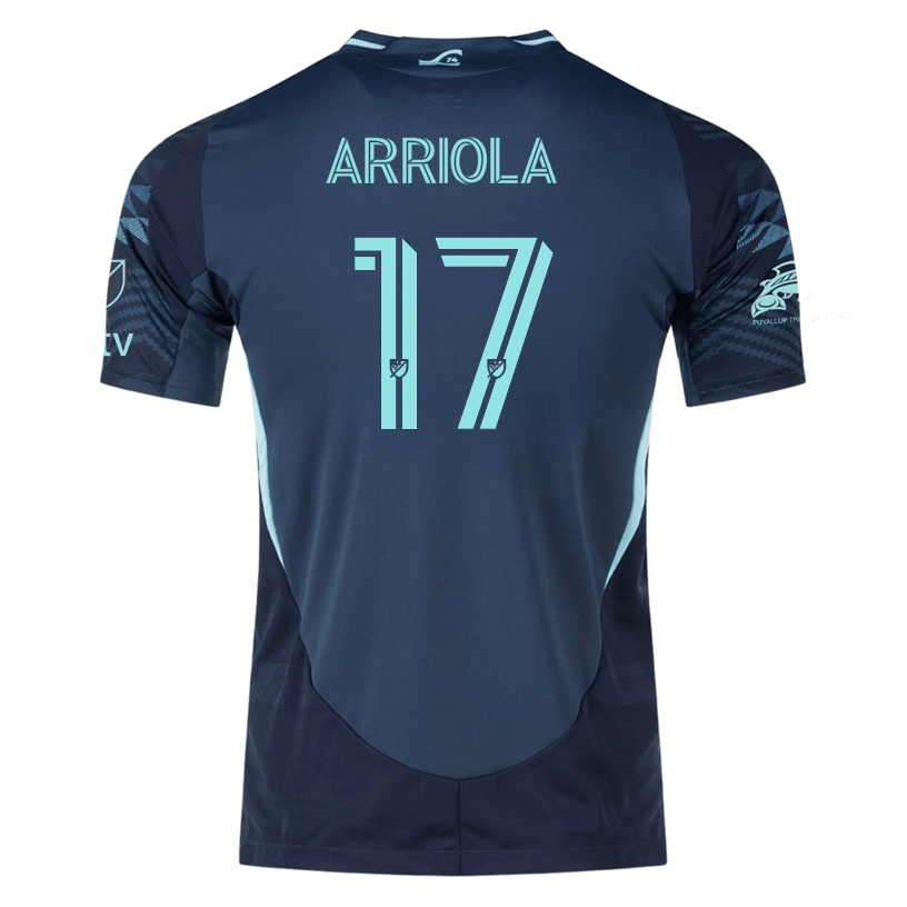 adidas P. Arriola Seattle Sounders Authentic Away Jersey 25/26 w/ MLS Patches & Sponsor (Aura Ink) | SoccerWearhouse