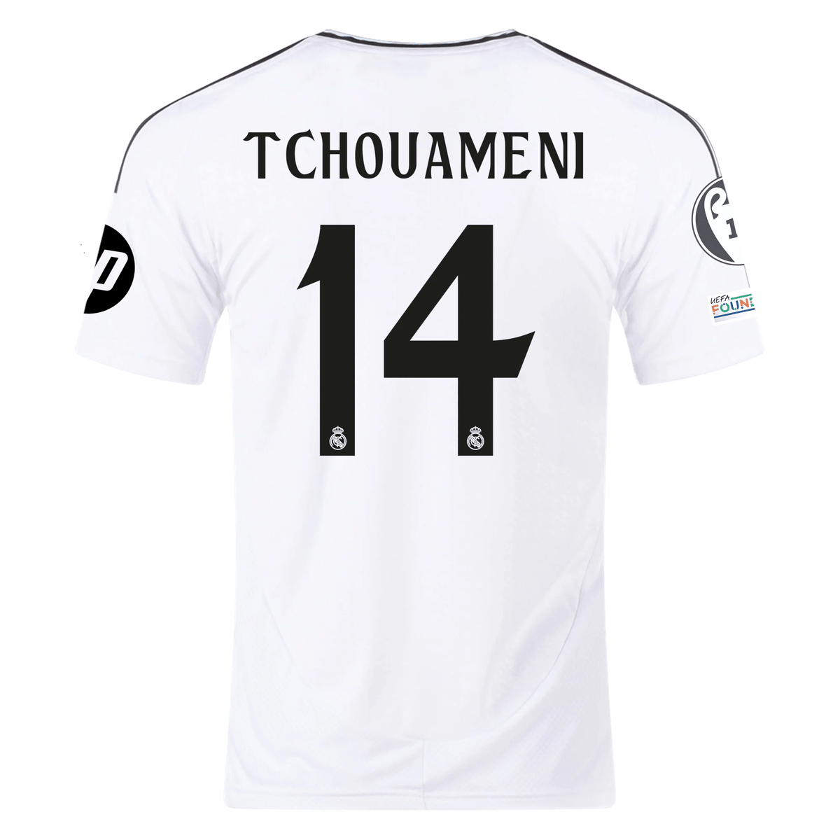 adidas Real Madrid Aurélien Tchouaméni Home Jersey 24/25 w/ Champions League Patches (White/Black) | SoccerWearhouse