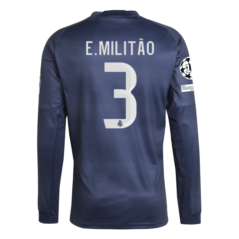 adidas Real Madrid E. Militao Long Sleeve Away Jersey w/ Champions League Patches 25/26 (Legend Ink) | SoccerWearhouse