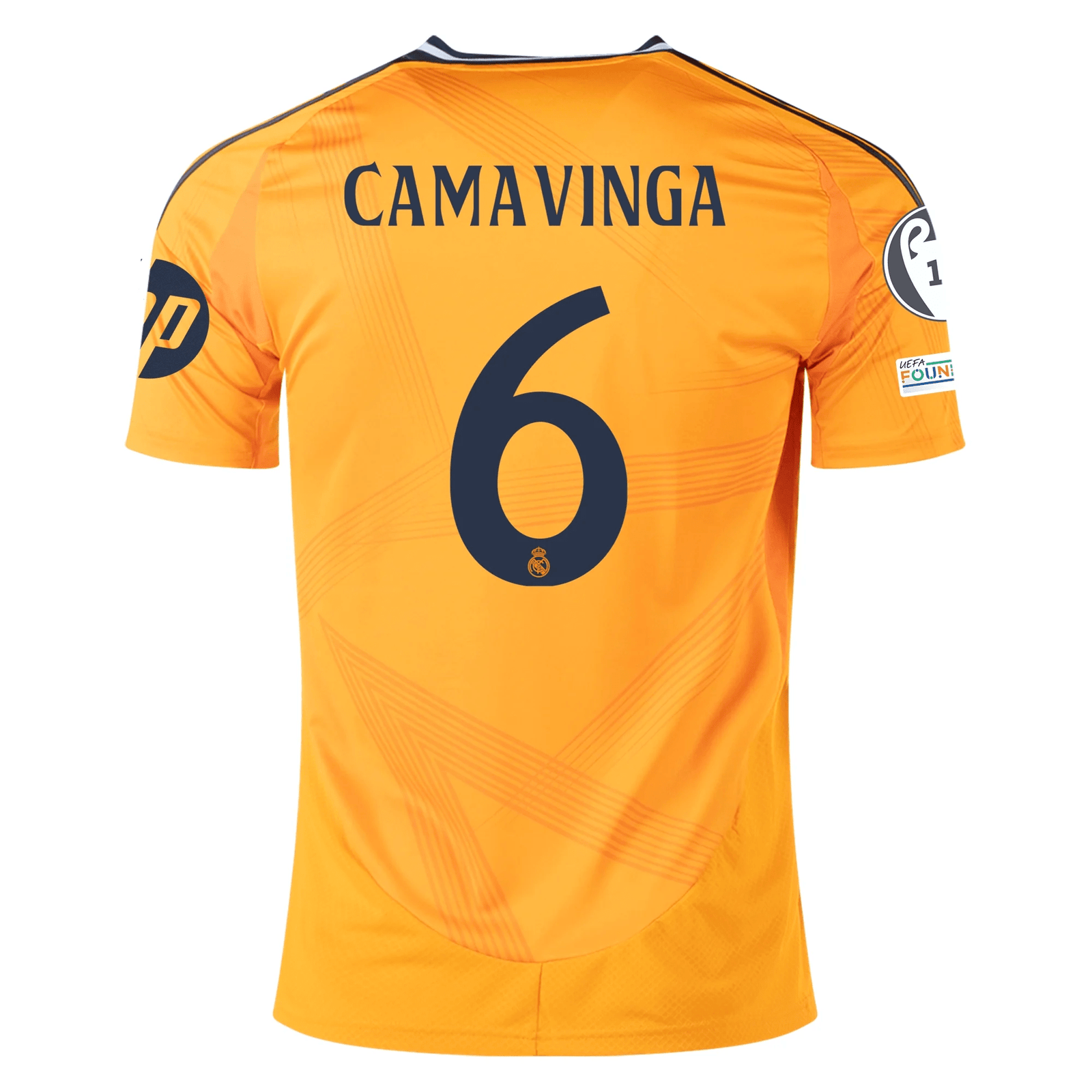 adidas Real Madrid Eduardo Camavinga Away Jersey w/ Champions League Patches 24/25 (Crew Orange) | SoccerWearhouse