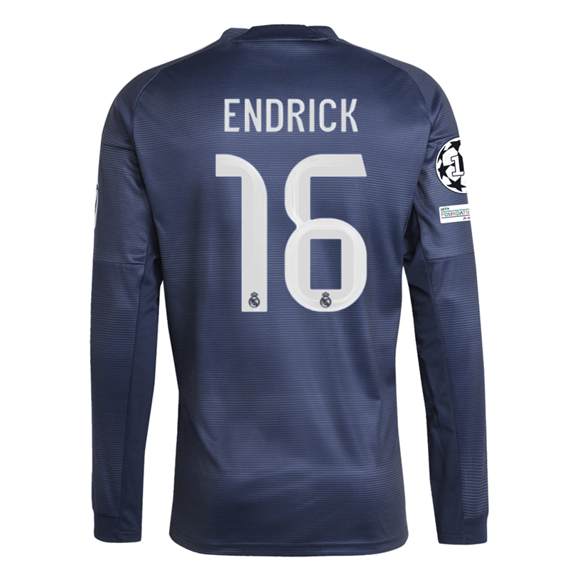 adidas Real Madrid Endrick Long Sleeve Away Jersey w/ Champions League Patches 25/26 (Legend Ink) | SoccerWearhouse
