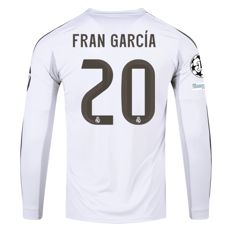 adidas Real Madrid Fran Garcia Long Sleeve Home Jersey w/ Intercontinental + Champions League Patches 25/26 (White) | SoccerWearhouse
